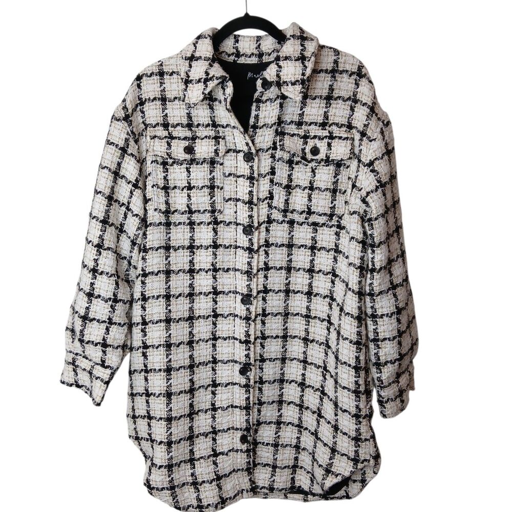 Marled Womens Tweed Coat Shacket Black Gold Cream Plaid Sz Medium Pockets Lined
